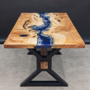 Custom Figured Maple Live Edge River Dining Table with X Beam Steel Base & Ocean Blue Epoxy - 037