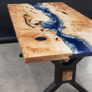 Custom Figured Maple Live Edge River Dining Table with X Beam Steel Base & Ocean Blue Epoxy - 037