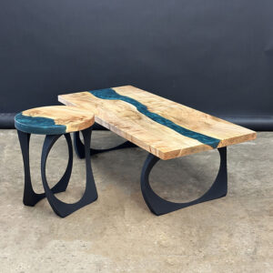 Custom Maple Live Edge River Coffee Table with Steel Cleo Base & Jackson Green Metallic Epoxy - 042 with End Table