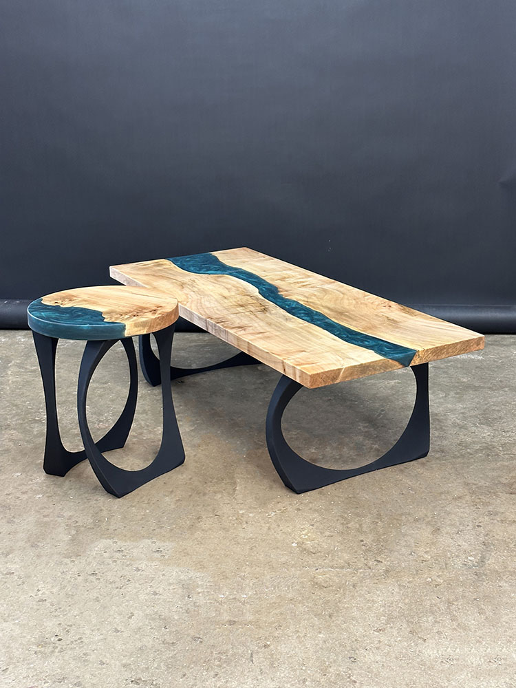 Custom Maple Live Edge River Coffee Table with Steel Cleo Base & Jackson Green Metallic Epoxy - 042 with End Table