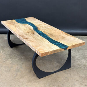 Custom Maple Live Edge River Coffee Table with Steel Cleo Base & Jackson Green Metallic Epoxy - 042