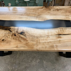Maple Live Edge River Dining Table with Octagon Steel Base & Solid Grey Epoxy - 033 - Top Detail