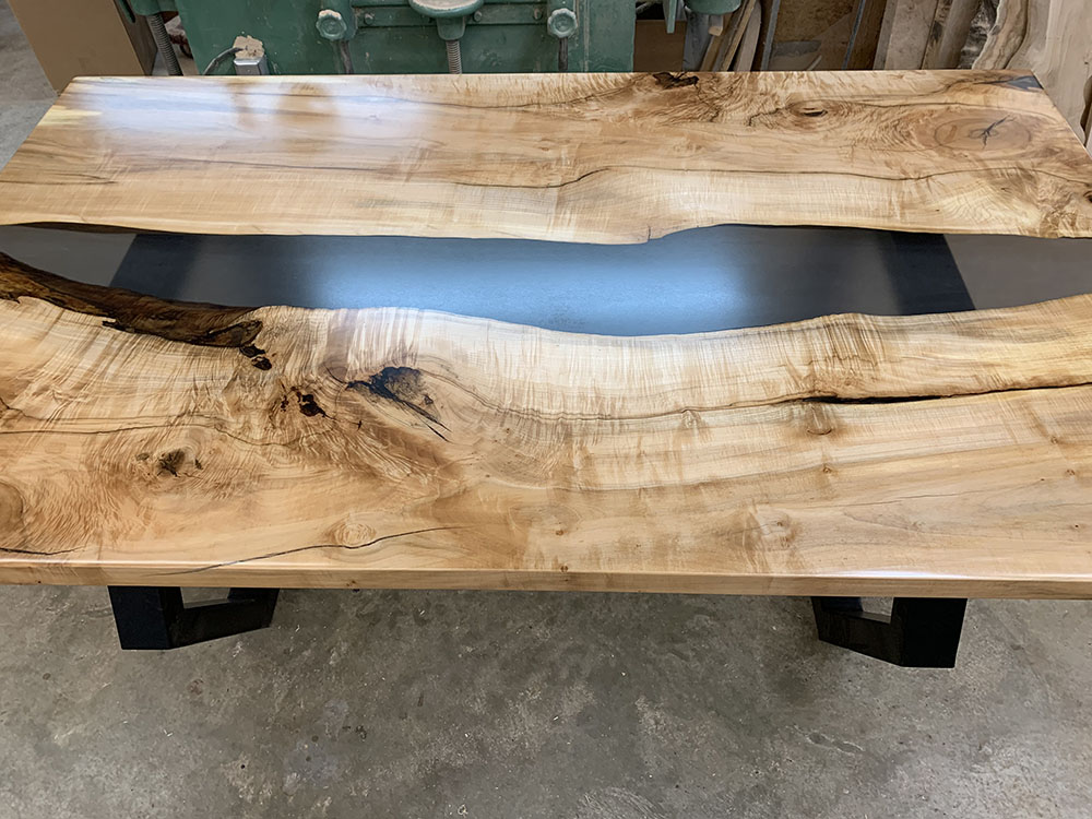 Maple Live Edge River Dining Table with Octagon Steel Base & Solid Grey Epoxy - 033 - Top Detail