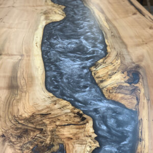 Custom Maple Live Edge River Dining Table with Timber Beam Steel Base & Dolphin Metallic Epoxy - 039 - Detail