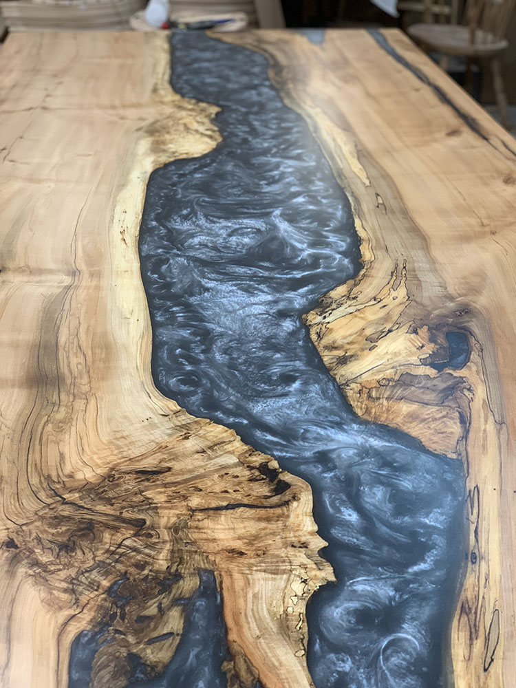 Custom Maple Live Edge River Dining Table with Timber Beam Steel Base & Dolphin Metallic Epoxy - 039 - Detail