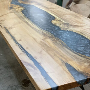 Custom Maple Live Edge River Dining Table with Timber Beam Steel Base & Dolphin Metallic Epoxy - 039 - Top View