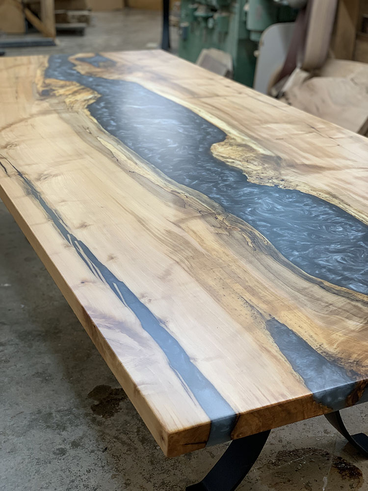 Custom Maple Live Edge River Dining Table with Timber Beam Steel Base & Dolphin Metallic Epoxy - 039 - Top View
