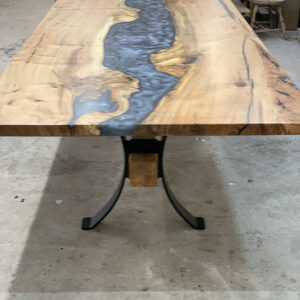 Custom Maple Live Edge River Dining Table with Timber Beam Steel Base & Dolphin Metallic Epoxy - 039 - End View