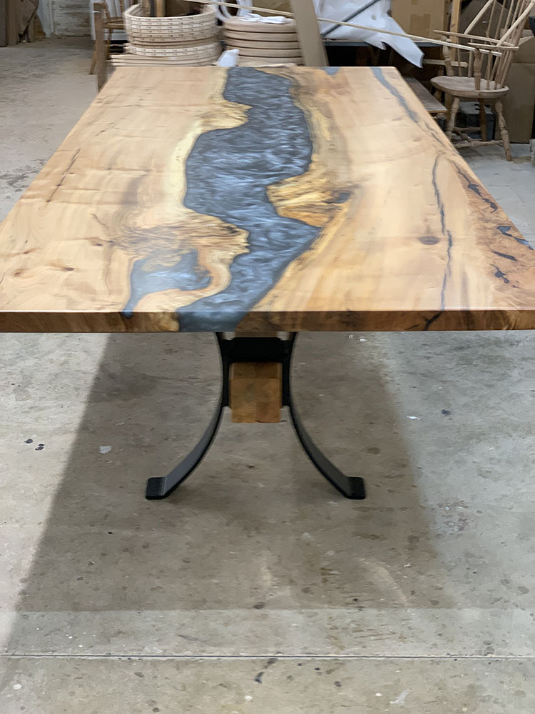 Custom Maple Live Edge River Dining Table with Timber Beam Steel Base & Dolphin Metallic Epoxy - 039 - End View