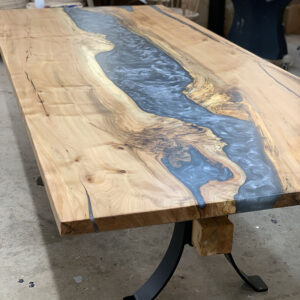 Custom Maple Live Edge River Dining Table with Timber Beam Steel Base & Dolphin Metallic Epoxy - 039