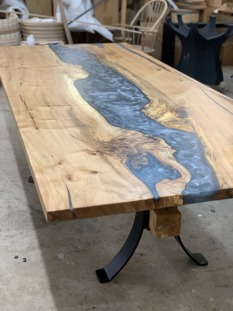 Custom Maple Live Edge River Dining Table with Timber Beam Steel Base & Dolphin Metallic Epoxy - 039