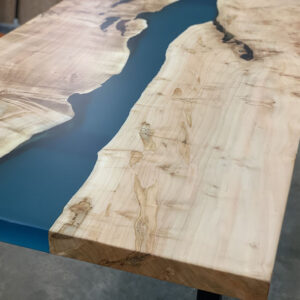 Custom Handcrafted Maple Live Edge River Dining Table with H-Leg Steel Base & Glacier Epoxy - 047 - Close Up