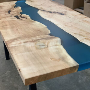 Custom Handcrafted Maple Live Edge River Dining Table with H-Leg Steel Base & Glacier Epoxy - 047