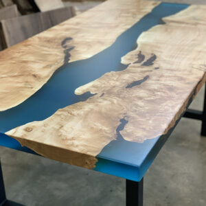 Custom Handcrafted Maple Live Edge River Dining Table with H-Leg Steel Base & Glacier Epoxy - 047