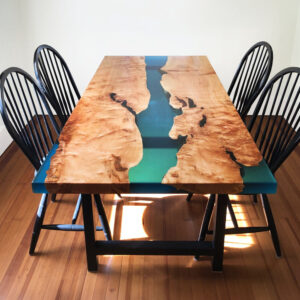 Custom Handcrafted Maple Live Edge River Dining Table with H-Leg Steel Base & Glacier Epoxy - 047