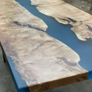 Custom Handcrafted Maple Live Edge River Dining Table with H-Leg Steel Base & Glacier Epoxy - 047