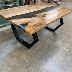Maple Live Edge River Dining Table with Octagon Steel Base & Solid Grey Epoxy - 033 - Side
