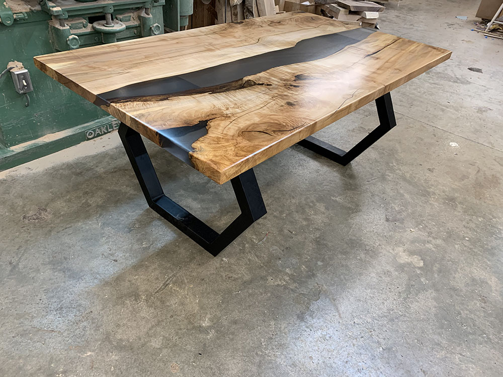 Maple Live Edge River Dining Table with Octagon Steel Base & Solid Grey Epoxy - 033 - Side