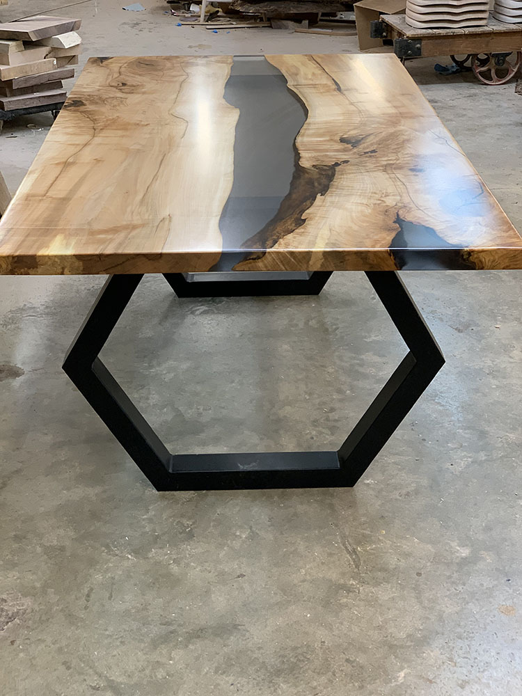 Maple Live Edge River Dining Table with Octagon Steel Base & Solid Grey Epoxy - 033 - End