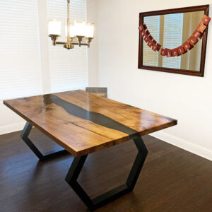 Maple Live Edge River Dining Table with Octagon Steel Base & Solid Grey Epoxy - 033