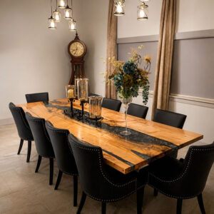 Custom Maple Live Edge River Dining Table with Timber Beam Steel Base & Dolphin Metallic Epoxy - 039