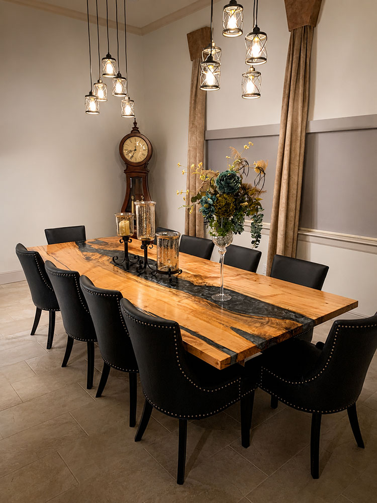 Custom Maple Live Edge River Dining Table with Timber Beam Steel Base & Dolphin Metallic Epoxy - 039