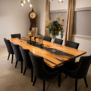 Custom Maple Live Edge River Dining Table with Timber Beam Steel Base & Dolphin Metallic Epoxy - 039