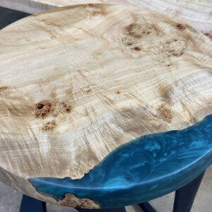 Custom Round Maple Live Edge River End Table with Steel Cleo Base & Jackson Green Metallic Epoxy - 041 - Top View