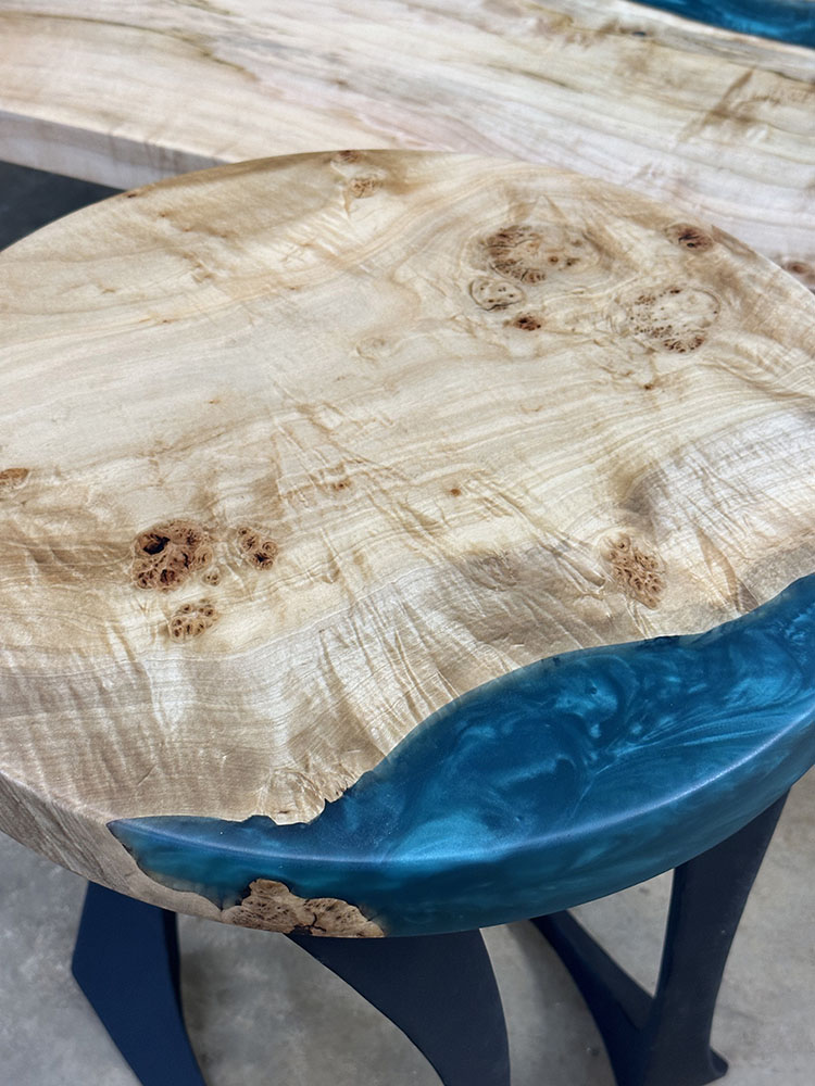 Custom Round Maple Live Edge River End Table with Steel Cleo Base & Jackson Green Metallic Epoxy - 041 - Top View