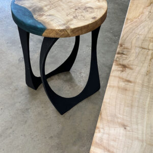 Custom Maple Live Edge River Round End Table with Steel Cleo Base & Jackson Green Metallic Epoxy - 041