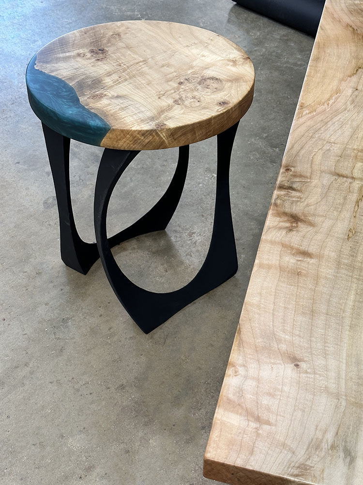 Custom Maple Live Edge River Round End Table with Steel Cleo Base & Jackson Green Metallic Epoxy - 041