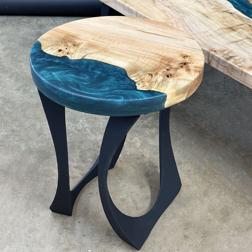 Custom Round Maple Live Edge River End Table with Steel Cleo Base & Jackson Green Metallic Epoxy - 041