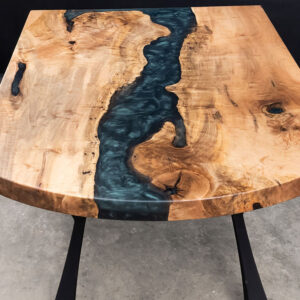 Custom Maple Live Edge River Table with Faras Steel Base & Emerald Metallic Epoxy - 036 - Top View