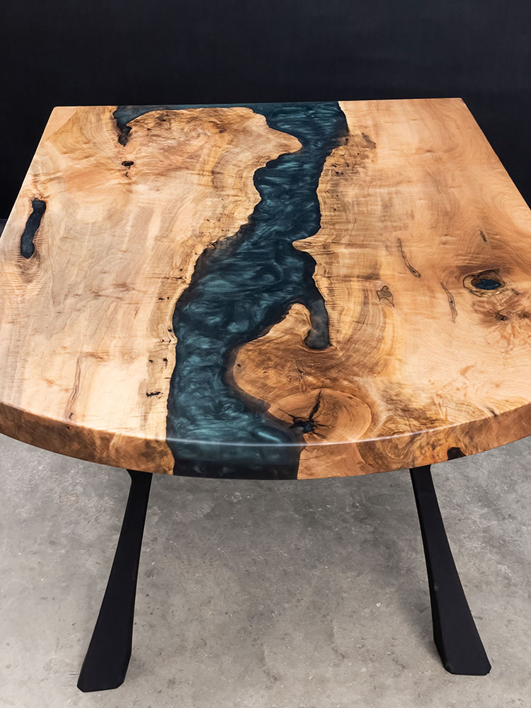 Custom Maple Live Edge River Table with Faras Steel Base & Emerald Metallic Epoxy - 036 - Top View