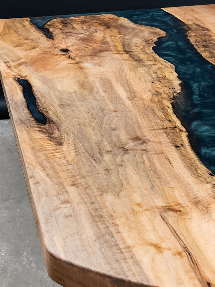 Custom Maple Live Edge River Table with Faras Steel Base & Emerald Metallic Epoxy - 036 - Detail