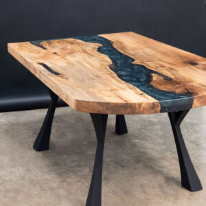 Custom Maple Live Edge River Table with Faras Steel Base & Emerald Metallic Epoxy - 036