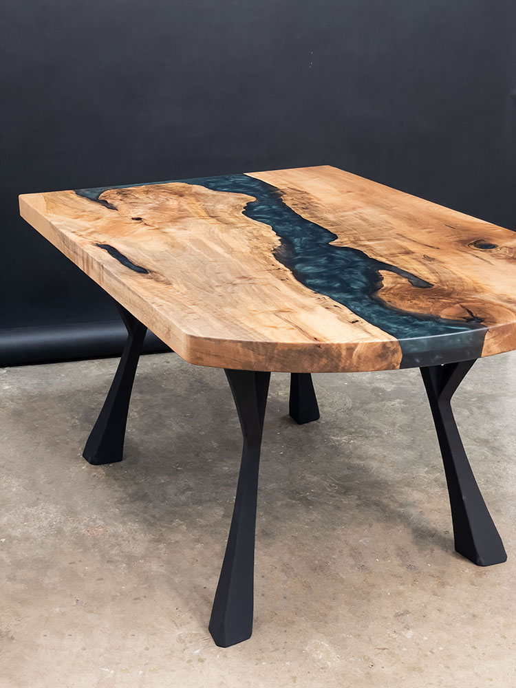 Custom Maple Live Edge River Table with Faras Steel Base & Emerald Metallic Epoxy - 036