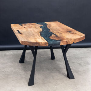 Custom Maple Live Edge River Table with Faras Steel Base & Emerald Metallic Epoxy - 036