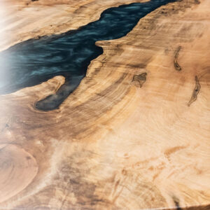 Custom Maple Live Edge River Table with Faras Steel Base & Emerald Metallic Epoxy - 036 - Close Up