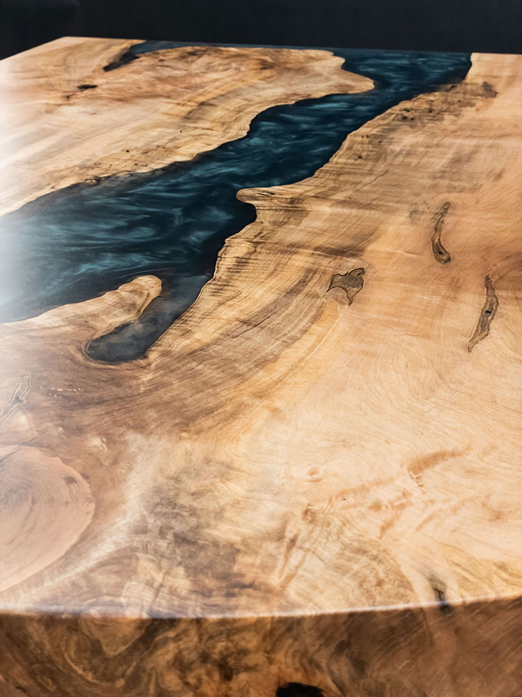 Custom Maple Live Edge River Table with Faras Steel Base & Emerald Metallic Epoxy - 036 - Close Up