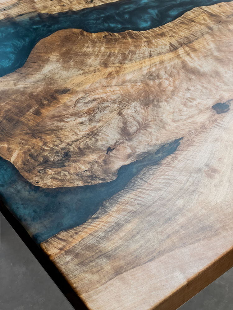Custom Maple Live Edge River Table with Faras Steel Base & Emerald Metallic Epoxy - 036 - Grain Detail