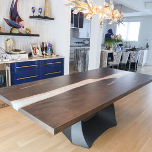 Custom Onyx Maple River Dining Table with Sculpted Tulip Base & Pearl Epoxy - 069
