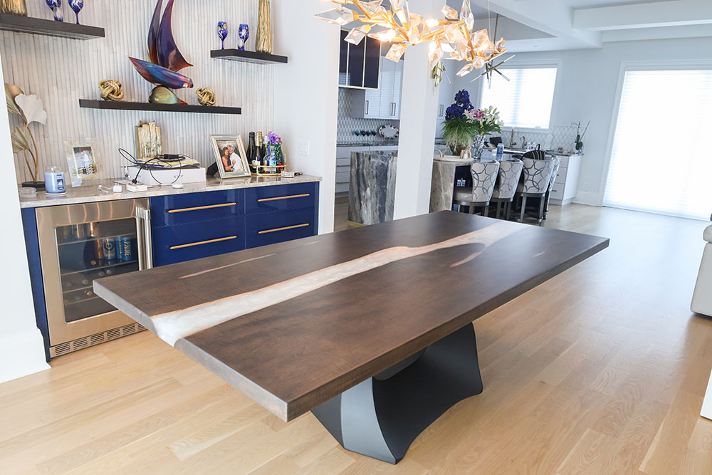 Custom Onyx Maple River Dining Table with Sculpted Tulip Base & Pearl Epoxy - 069