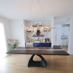 Custom Onyx Maple River Dining Table with Sculpted Tulip Base & Pearl Epoxy - 069