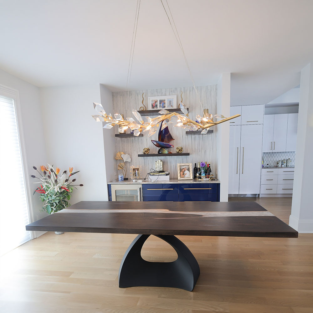 Custom Onyx Maple River Dining Table with Sculpted Tulip Base & Pearl Epoxy - 069