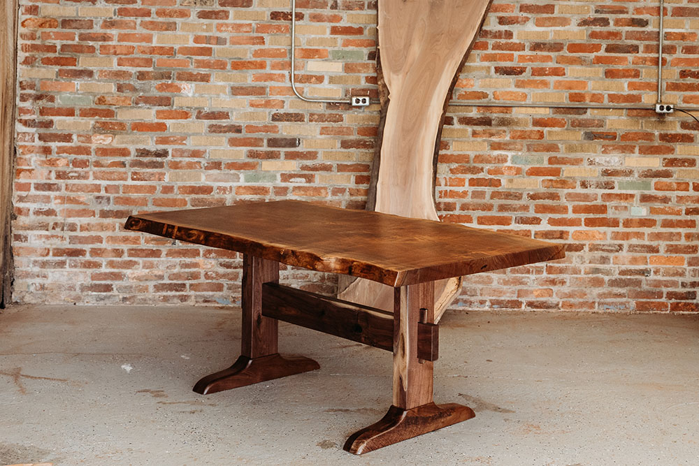 Custom Oregon Black Walnut Live Edge Dining Table with Walnut Trestle Base - 050
