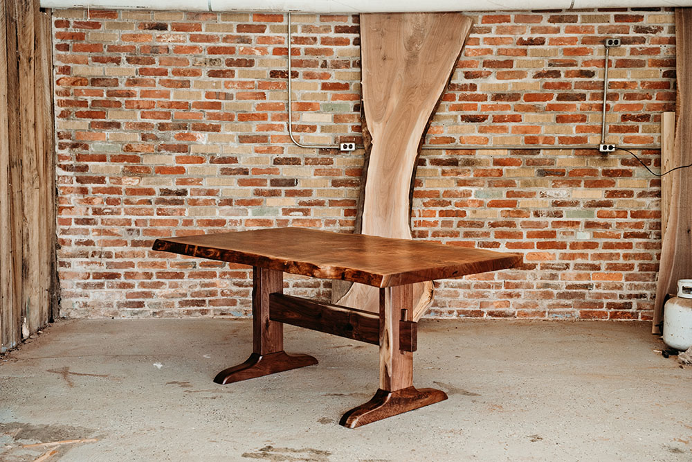 Custom Handcrafted Oregon Black Walnut Live Edge Dining Table with Walnut Trestle Base - 050
