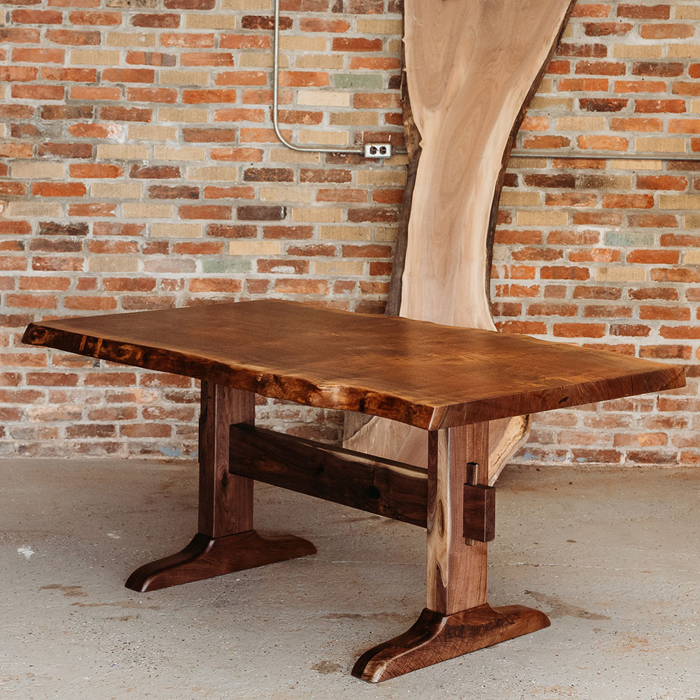 Custom Handcrafted Oregon Black Walnut Live Edge Dining Table with Walnut Trestle Base - 050