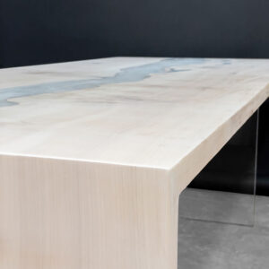 Custom Whitewashed Maple River Dining Table with Waterfall Leg and pearl epoxy - 024 - Side View