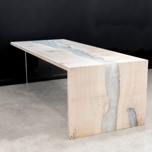Custom Whitewashed Maple River Dining Table with Waterfall Leg and pearl epoxy - 024